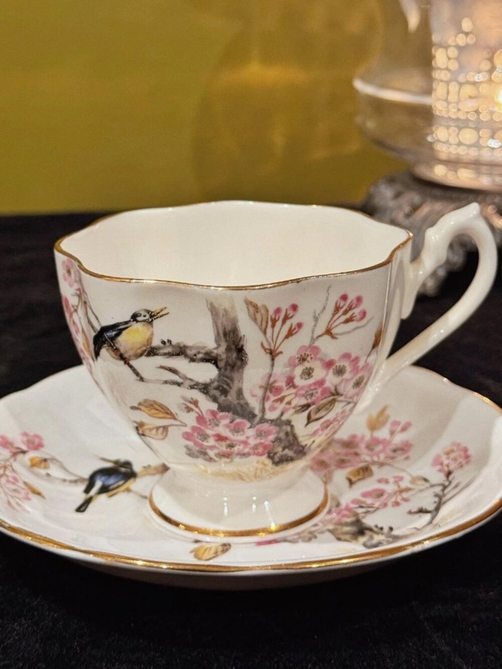 Fine Bone China Teacup Saucer Pink Cherry Blossoms Song Birds Gold Trim Vintage